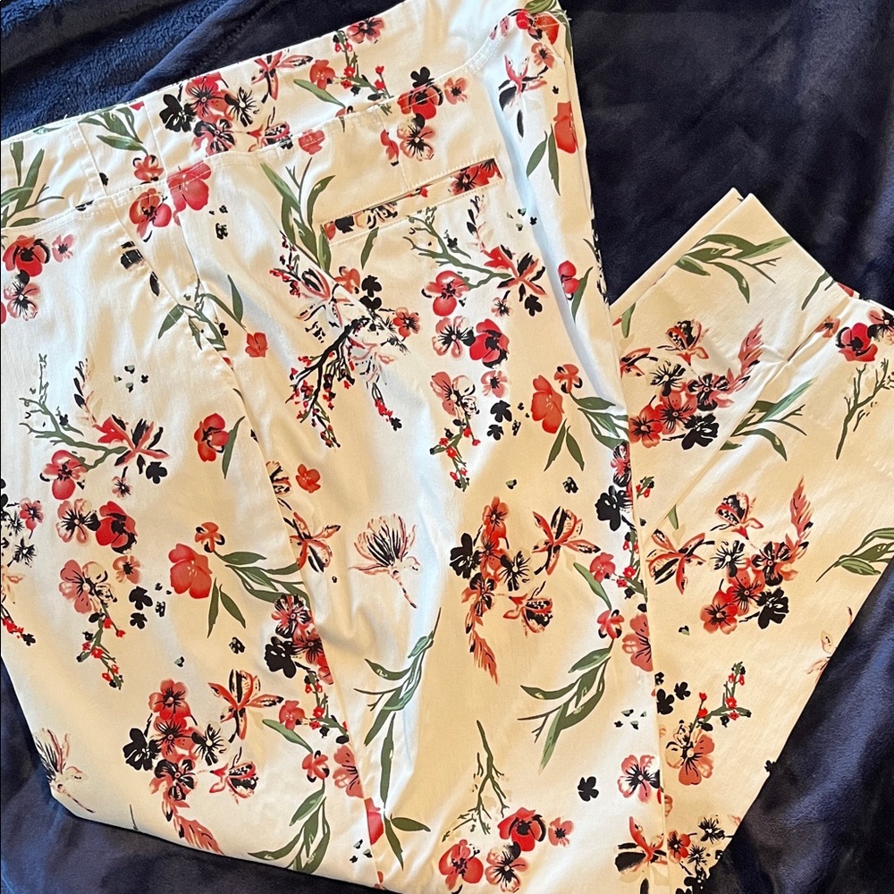 Carolina Belle Floral Ankle Pants - Red and Green on Cream